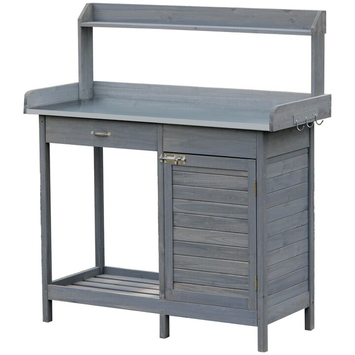 Grey Garden Workstation: Potting Bench with Cabinet and Steel Top