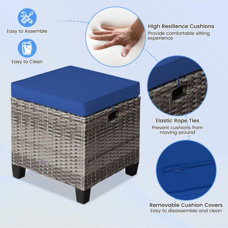 Hivvago 2PCS Patio Rattan Wicker Ottoman Seat with Removable Cushions-Turquoise