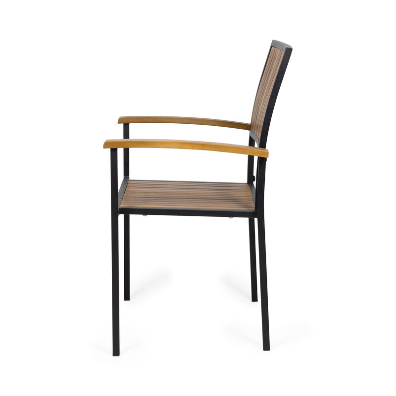 Side Dining Chair Set of 2, Outdoor Slatted Brown Acacia Wood, Black Iron - Benzara