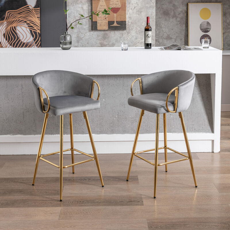 26 Inch Set Of 2 Bar Stools, With Chrome Footrest And Base Velvet + Leg Simple Barstool