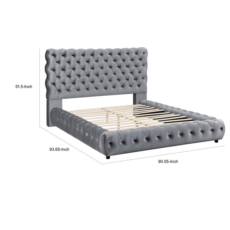 Benjara James King Size Bed, Platform Style, Button Tufted Gray Velvet Upholstery