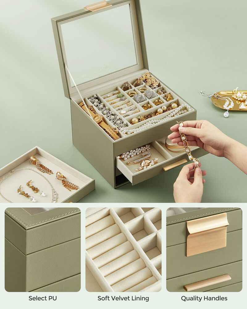 Elegant 4-Layer Jewelry Box with Glass Lid and 3 Drawers - Perfect Gift for Loved Ones