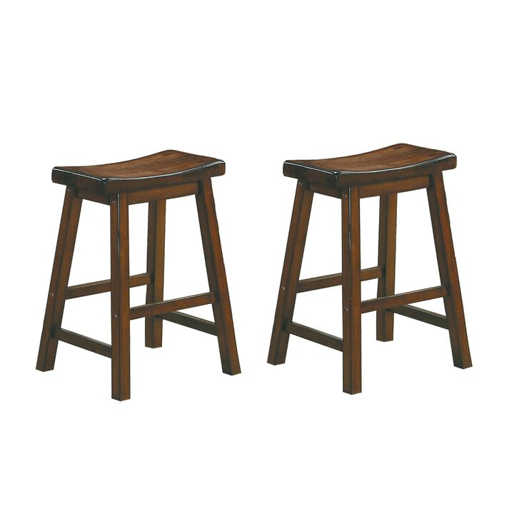 Wooden 24" Counter Height Stool with Saddle Seat, Distressed Cherry, Set Of 2-Benzara