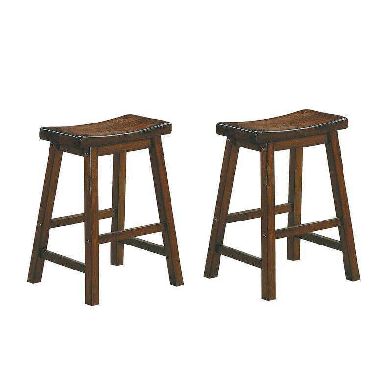 Wooden 24" Counter Height Stool with Saddle Seat, Distressed Cherry, Set Of 2-Benzara
