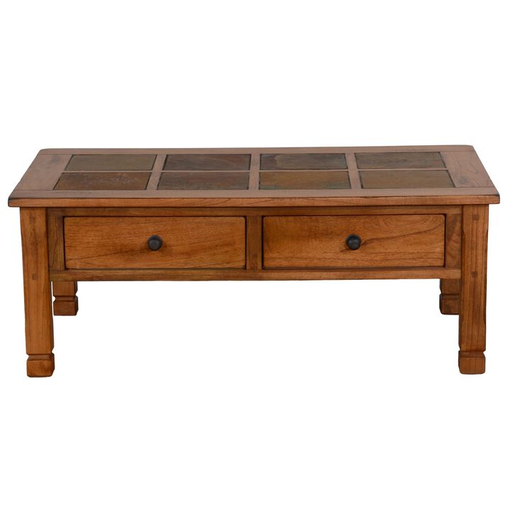 Marv Coffee Table, 2 Drawers, 49 Inch Rectangular w Brown Slate Inlay - Benzara