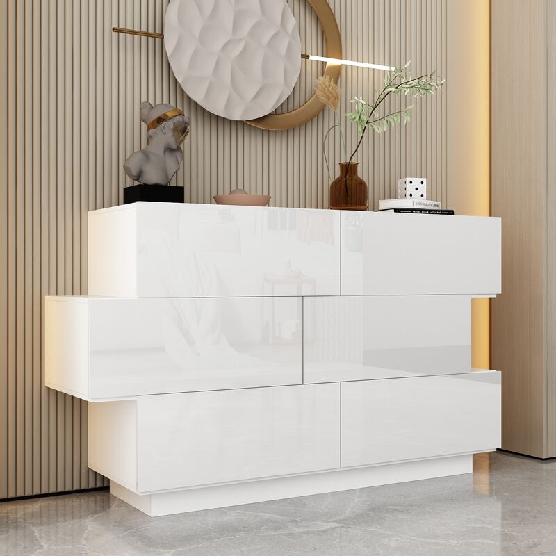 15.7 in. D x 30.7 in. H High Gloss White Wood 6-Drawer 46.1 in. W Chest of Drawers Storage Cabinet Modern Style
