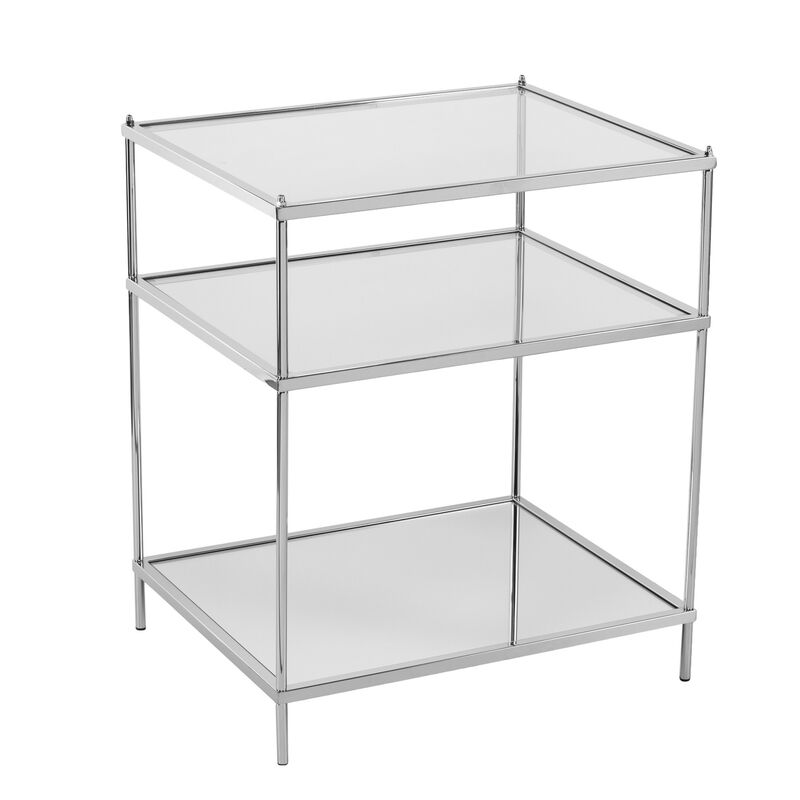 27"" Chrome Glass And Iron Rectangular Mirrored End Table With Shelf