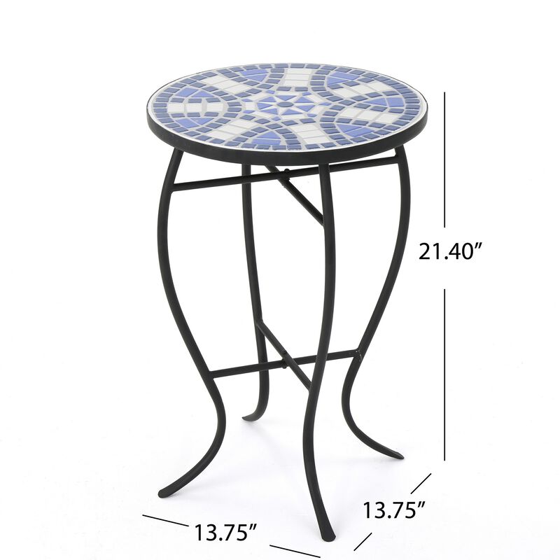 Outdoor Side End Table, 14 Inch Round Blue, White Mosaic Ceramic Top - Benzara