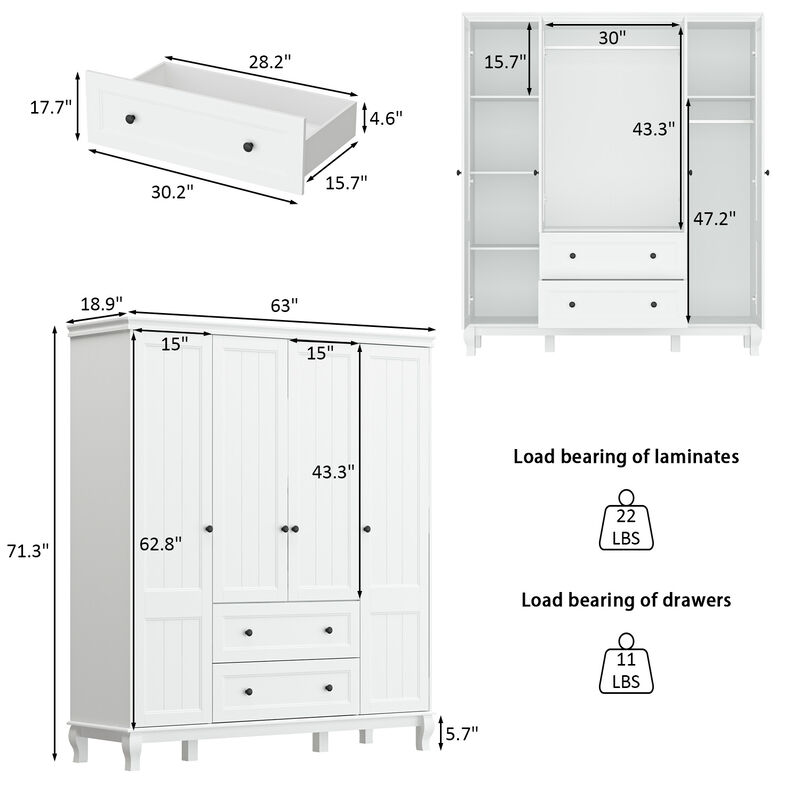 FUFU&GAGA Contemporary 4-Door Wardrobe Closet with Hanging Rod, 2 Drawers, and 4 Storage Compartments, (63" W x 18.9" D x 71.3" H), White