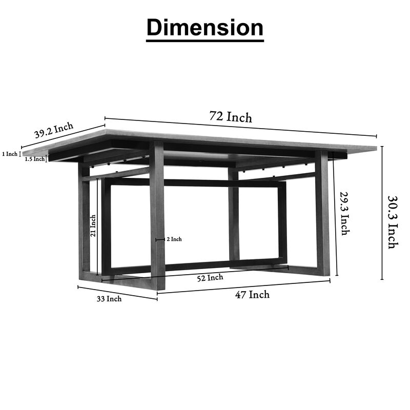 St Tropez Dining Table, 72 Inch Rectangular Mango Wood Top with Iron Trestle Base, 6 Seater, Gray and Black