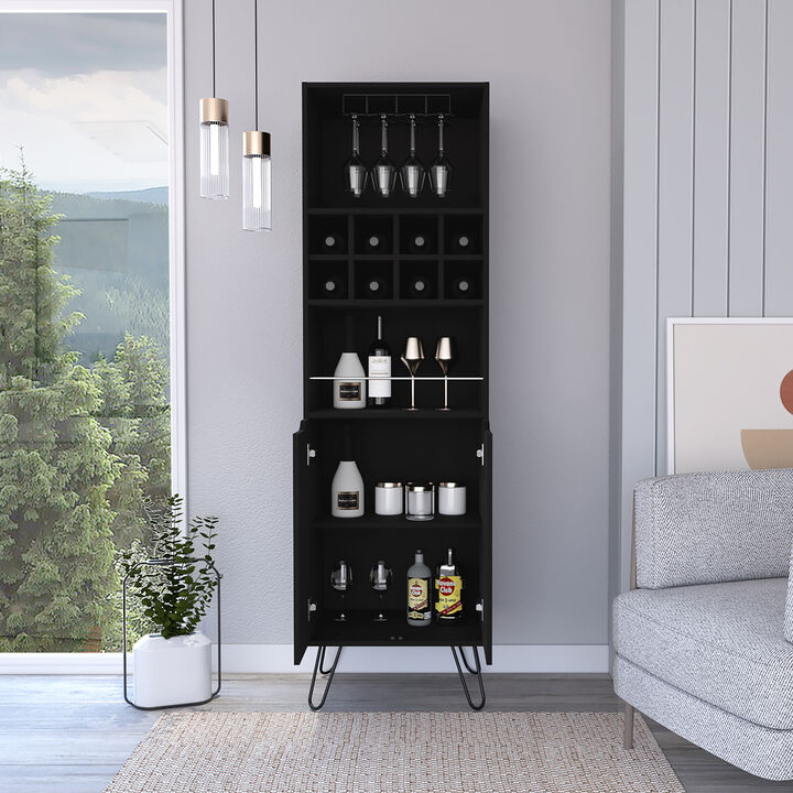 DEPOT E-SHOP Zamna H Bar Double Door Cabinet, Eight Built-in Wine Rack, Four Legs, Four Shelves, Black