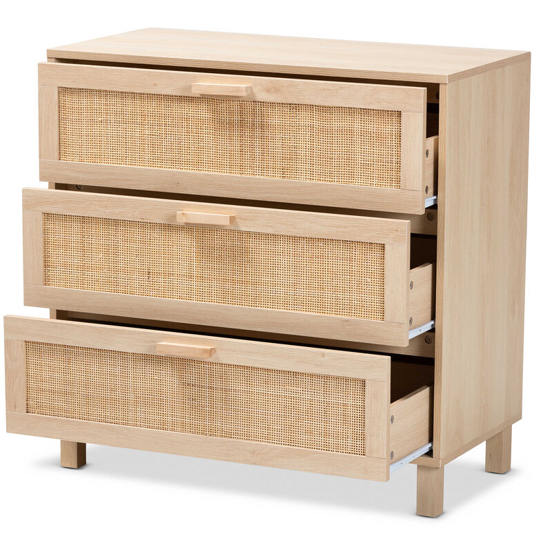 Baxton Studio Sebille Mid Century Light Brown Finished 3 Drawer Storage Rattan Cabinet