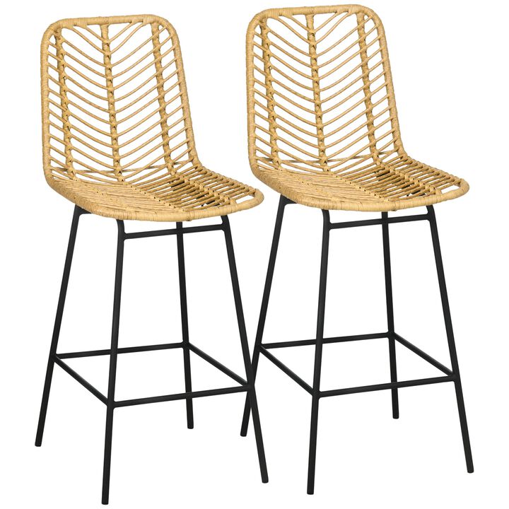 Rattan Bar Seating: Set of 2 Wicker Counter Stools with Steel Frame