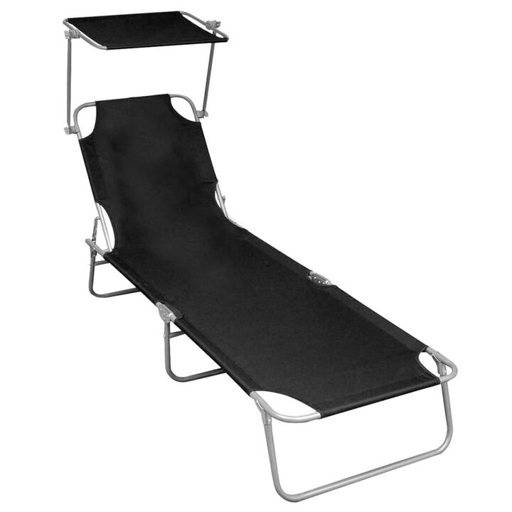 Keli Outdoor Folding Chaise Lounger, Canopy, Black Polyester, 74 Inch - Benzara