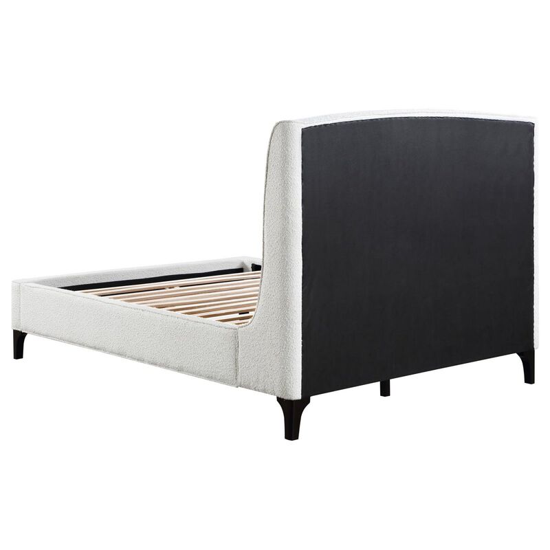 Benjara Mabe Queen Size Bed, Wingback Curved Headboard, White Fabric Upholstery
