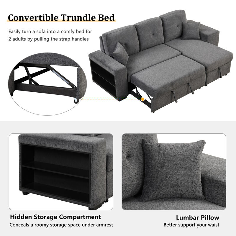 Sectional Sofa Bed with Storage Chaise and 2 Stools