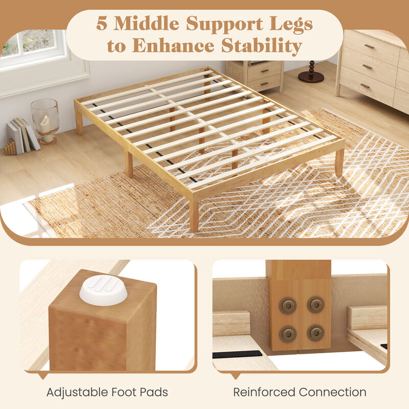 Bed Frame with Wooden Slats Support and Rubber Wood Legs for Durability and Classic Design