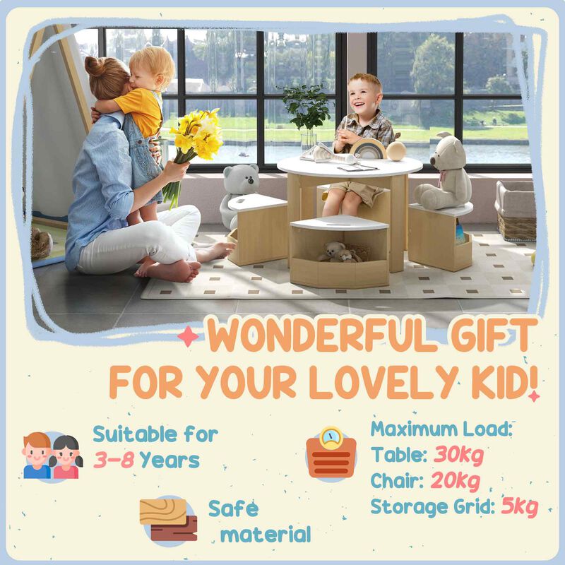 Qaba Kids Table and Chairs Set, 5 Piece Toddler Table and Chairs Set with Storage for Art, Craft, Drawing, Playroom, Classroom, Nursery, White