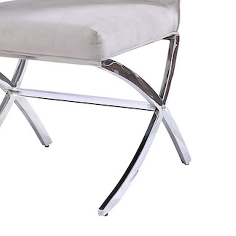 Velvet Upholstered Metal Side Chair with X Style Base, Light Gray and Silver, Set of Two-Benzara
