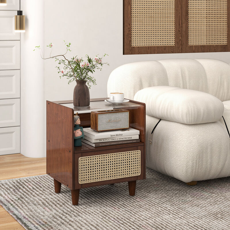 Set of 2 Bamboo Rattan Nightstand with Drawer and Solid Wood Legs