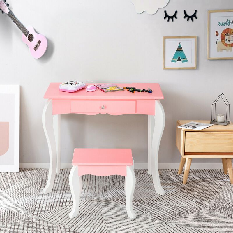 Kids Vanity Princess Makeup Dressing Table Stool Set with Mirror and Drawer