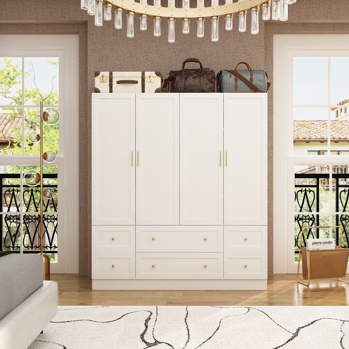 FUFU&GAGA Four-Door Wardrobe with Six Drawers and Adjustable Shelves (63" W x 19.7" D x 70.9" H),White