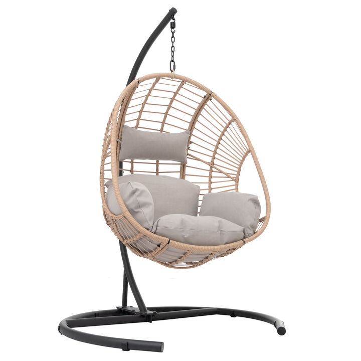 Outdoor Indoor Swing Egg Chair Natural Color Wicker With Beige Cushion