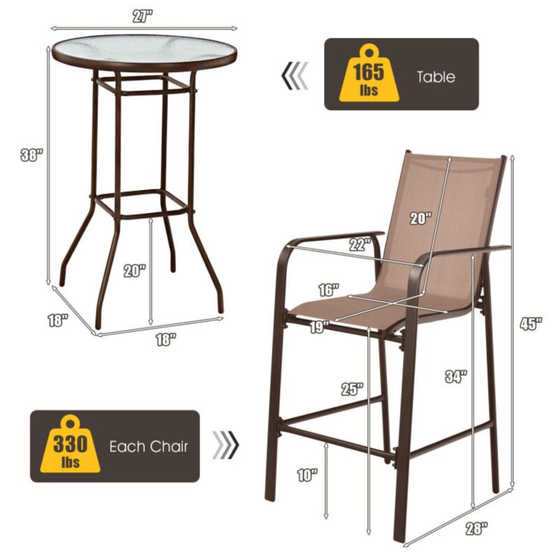 Hivvago 3 Pieces Outdoor Patio Bar Table Stool Set
