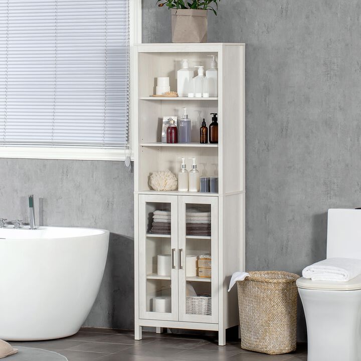 Antique White Bathroom Tower: 64" Tall Cabinet with Glass Door