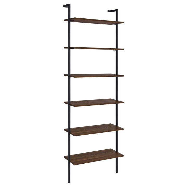 Wens Wall Mounted Bookcase Unit, 6 Open Shelves, Black Metal, Brown - Benzara