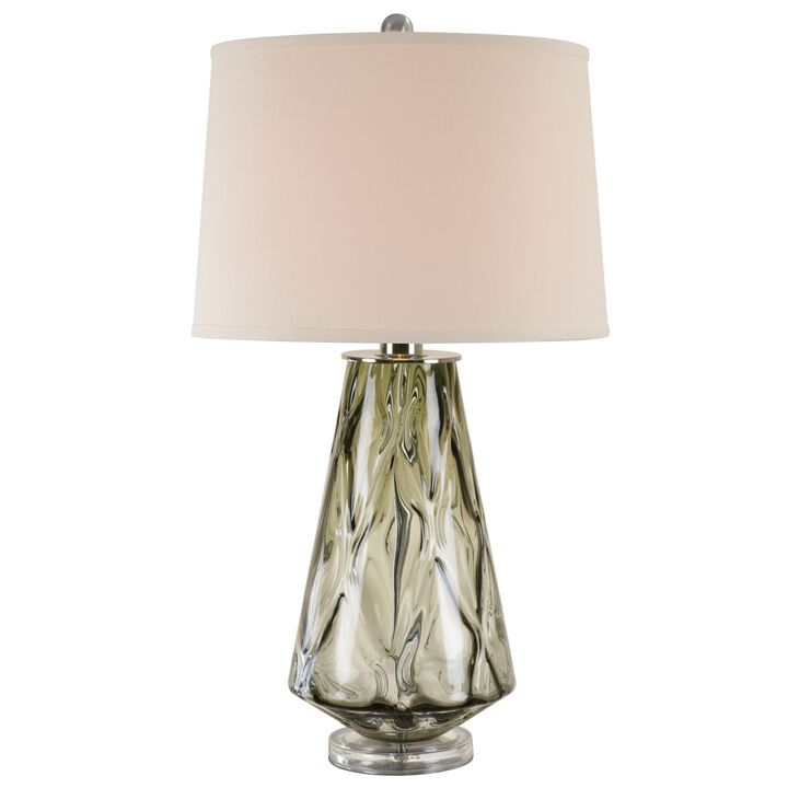 31 Inch Accent Table Lamp with White Drum Shade, Rippled Gray Glass Base - Benzara
