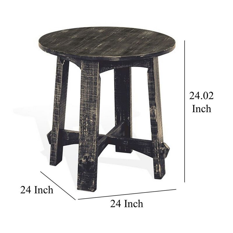 Rena Side End Table, X Legs, 24in Round, Distressed Rustic Black Wood - Benzara