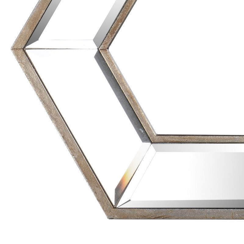 Toby 12 x 14 Inch Wall Mount Accent Mirror, Dual Hexagon Wood Frame, Brown-Benzara