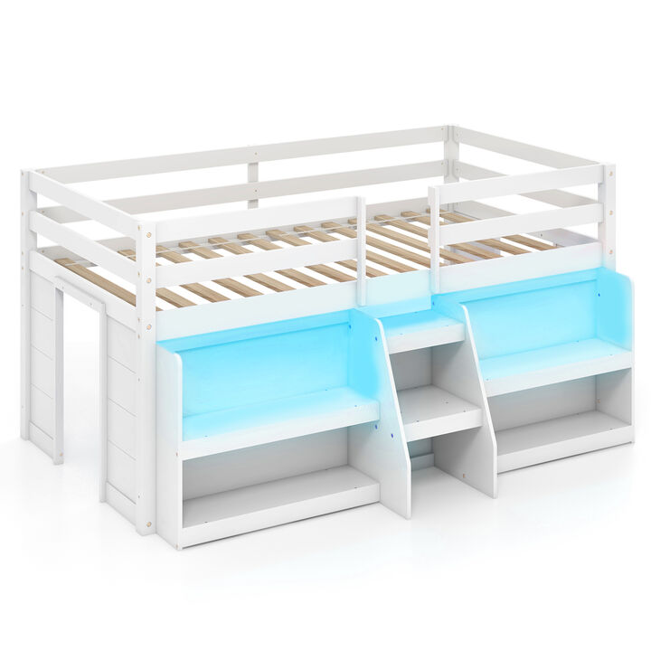 Twin Size Loft Bed with LED Lights with Staircase and Safety Guardrail-Grey