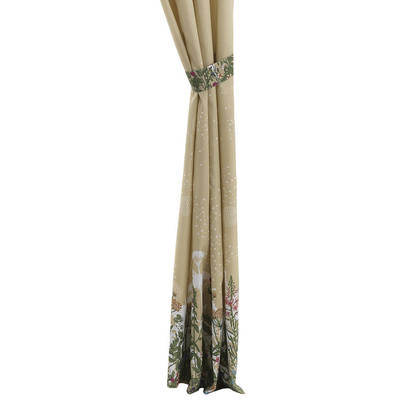 84 Inch Window Curtains, Beige Microfiber Fabric, Wildflower Print Design - Benzara