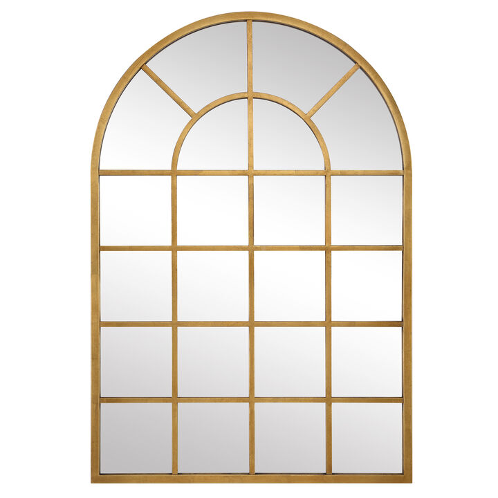 44 Inch Wood Wall Mirror, Arched Windowpane Shape, Antique Gold-Benzara