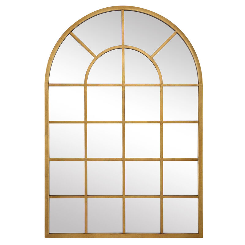 44 Inch Wood Wall Mirror, Arched Windowpane Shape, Antique Gold-Benzara