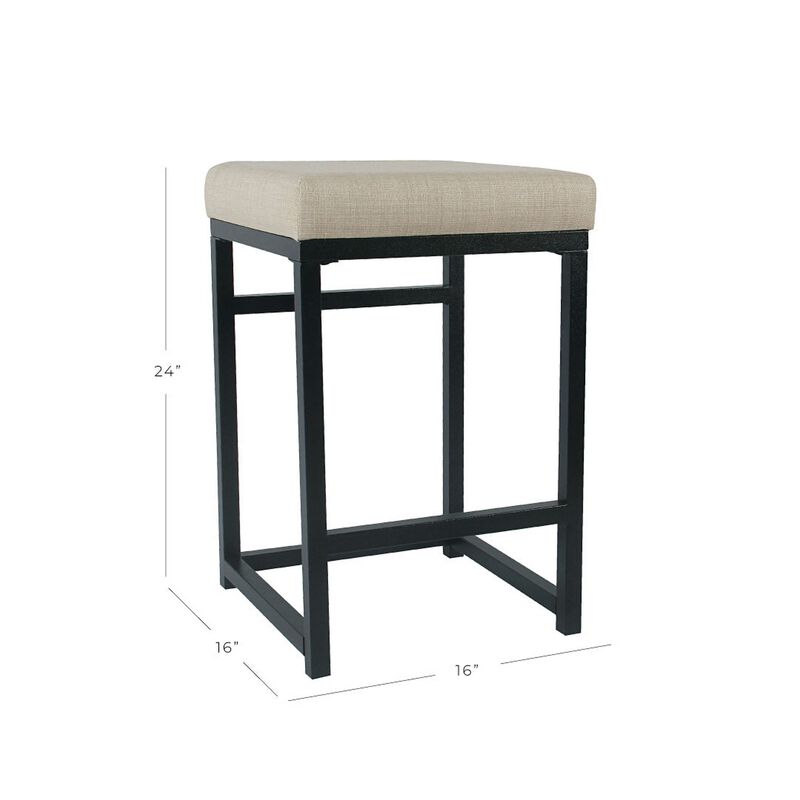 Open Back Metal Counter Stool with Fabric Upholstered Padded Seat, Beige and Black - Benzara