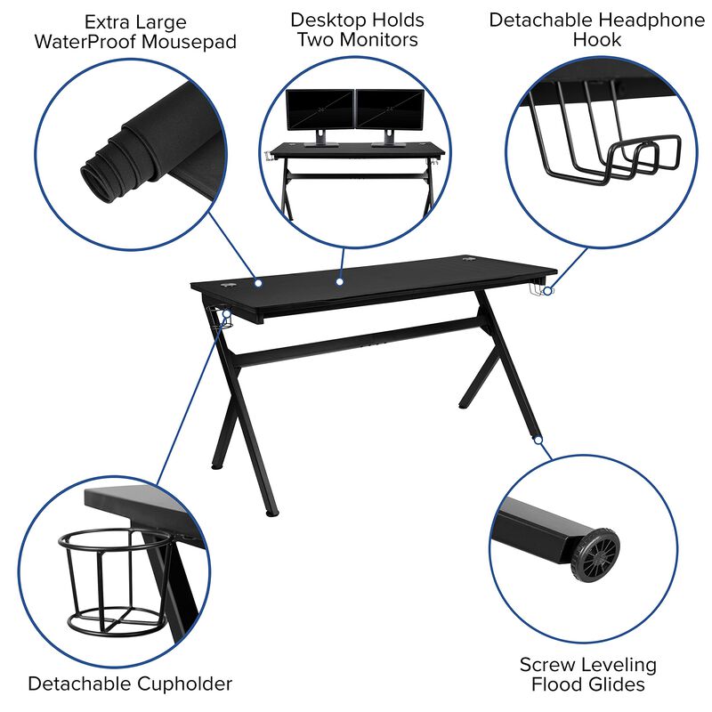 Flash Furniture Optis Gaming Desk and Gray Footrest Reclining Gaming Chair Set - Cup Holder/Headphone Hook/Removable Mouse Pad Top/Wire Management