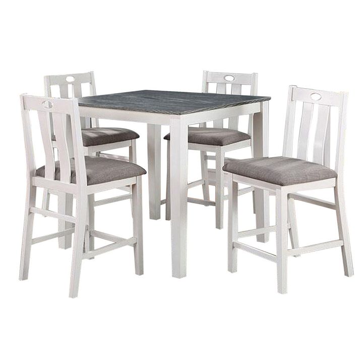 Helio 5 Piece Counter Height Dining Table and Chairs Set, White Wood, Gray - Benzara
