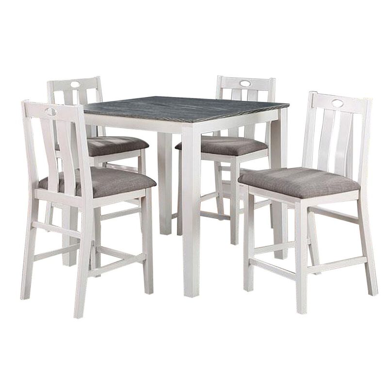 Helio 5 Piece Counter Height Dining Table and Chairs Set, White Wood, Gray - Benzara