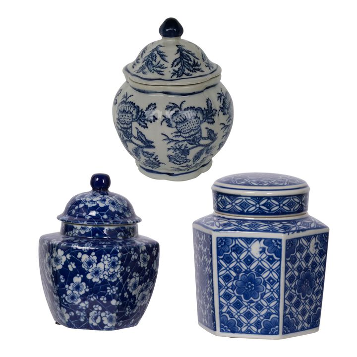6, 6, 7 Inch Lidded Jars, Persian Inspired Blue Flowers, Curved, Set of 3-Benzara