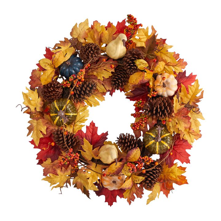 Hivvago 26" Fall Pumpkin, Gourd, Pinecone and Maple Leaf Artificial Autumn Wreath
