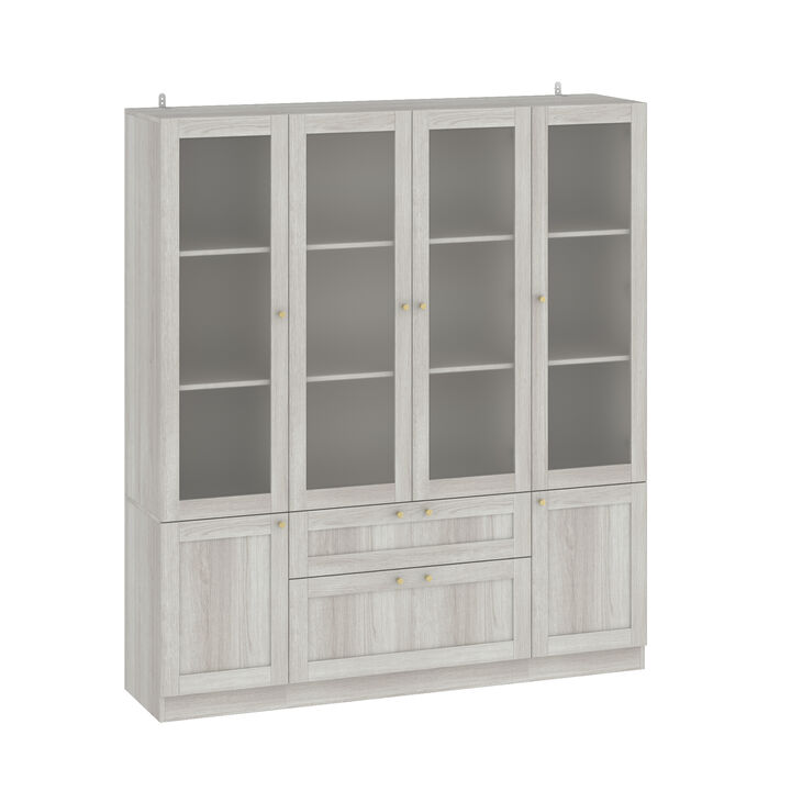 FUFU&GAGA Modern Wood Grain Wardrobe with Adjustable Shelves and Lockable Drawers (63" W x 70.9" H x 15.7" D), Glass Doors and Brass Pull Handles
