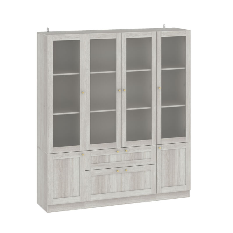 FUFU&GAGA Modern Wood Grain Wardrobe with Adjustable Shelves and Lockable Drawers (63" W x 70.9" H x 15.7" D), Glass Doors and Brass Pull Handles