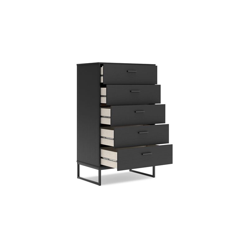 Alli Tall Dresser Chest, 5 Drawers, Matte Black, Metal Base, 51 Inch - Benzara