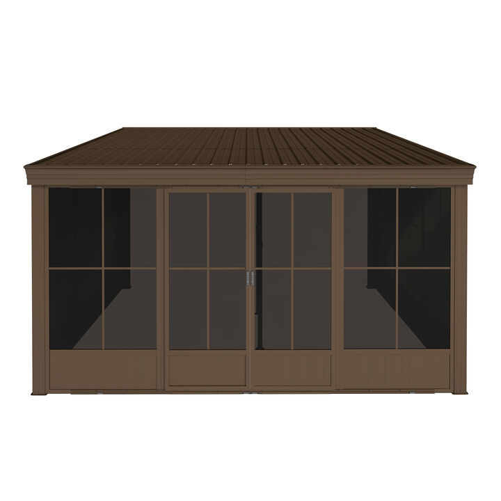 MONDAWE 12x14FT Hardtop Wall Mounted Gazebo Lean to Gazebo with Sloping Galvanized Steel Roof, Aluminum Frame, Drainage System, Curtains and Netting
