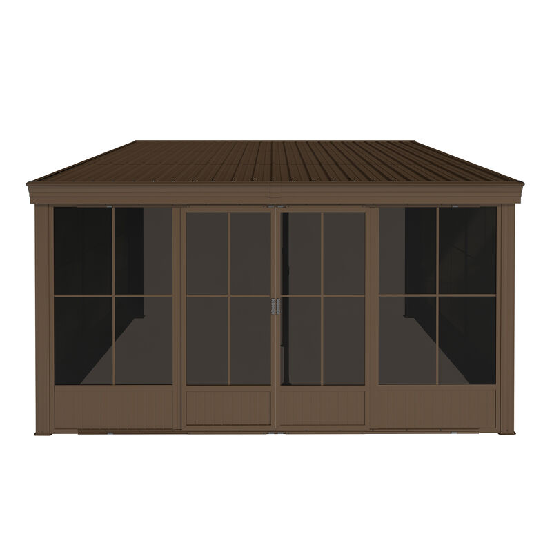 MONDAWE 12x14FT Hardtop Wall Mounted Gazebo Lean to Gazebo with Sloping Galvanized Steel Roof, Aluminum Frame, Drainage System, Curtains and Netting