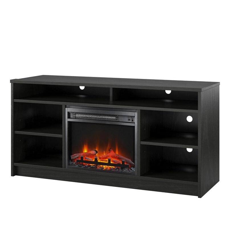 REALROOMS Hickory Hill 55" TV Stand with Electric Fireplace Space Heater and 6 Shelves