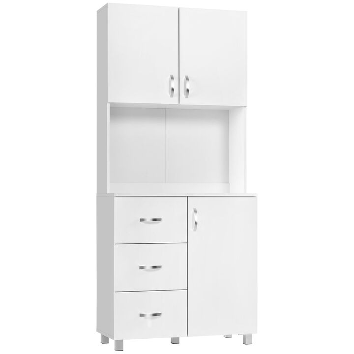 White Kitchen Organizer: Freestanding Hutch Cabinet with Doors and Drawers